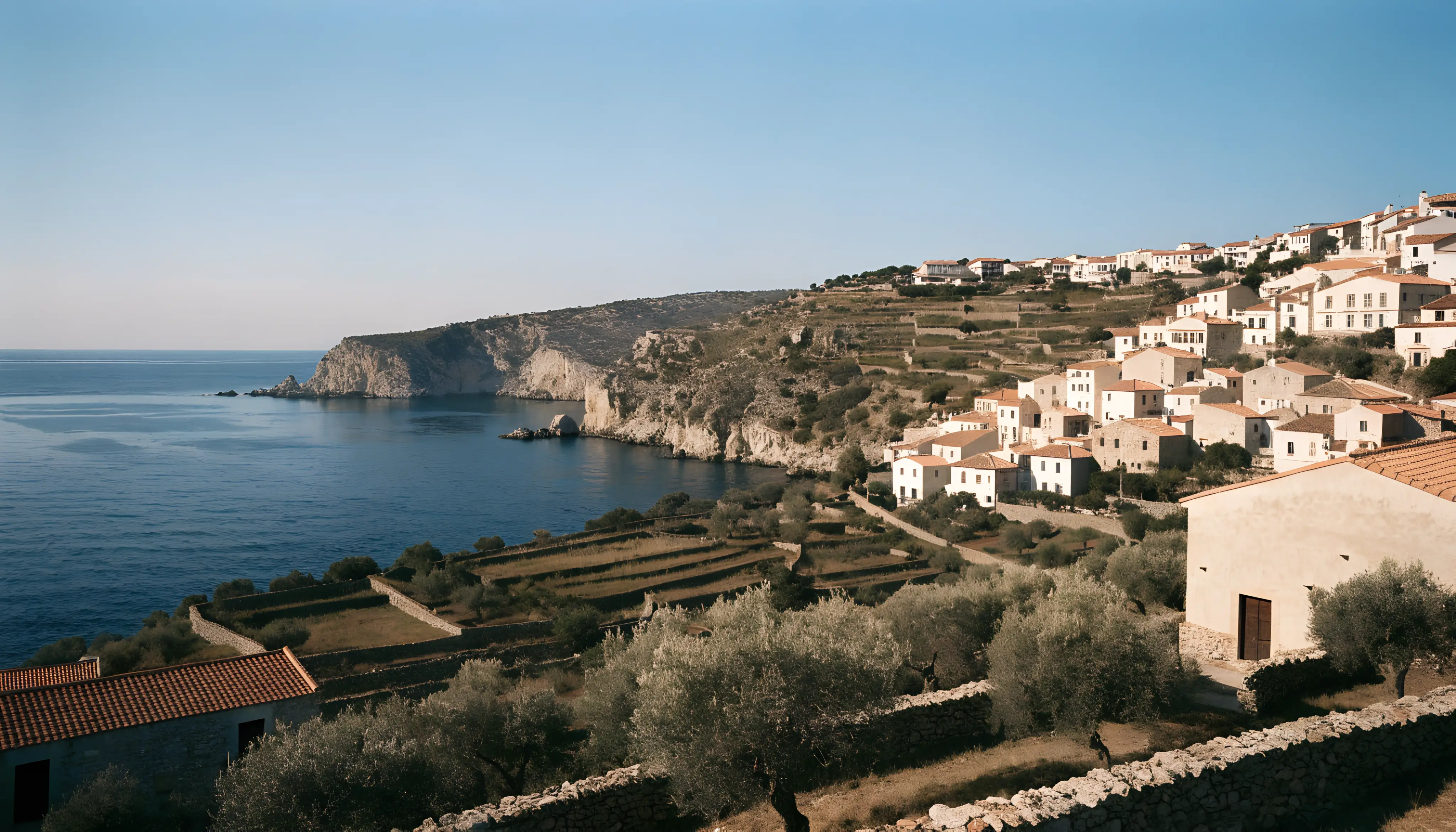 The Catalan coast: a whitewashed hillside village above a deep blue bay