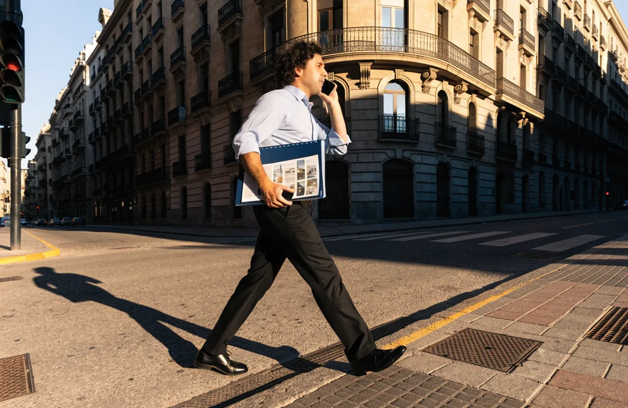 An estate agent walking between appointments, phone to the ear
