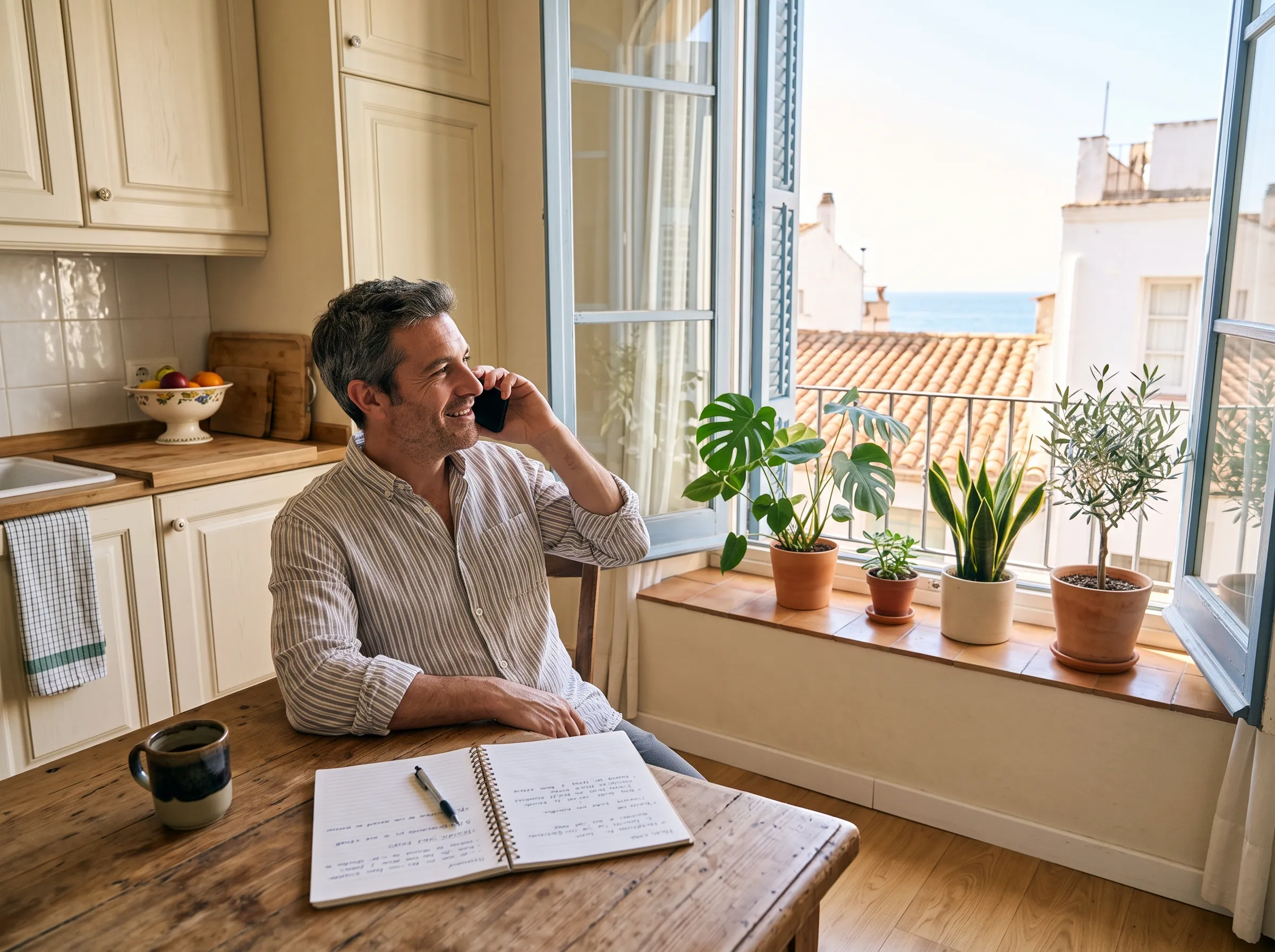 A man taking a callback at his kitchen table, notebook open
