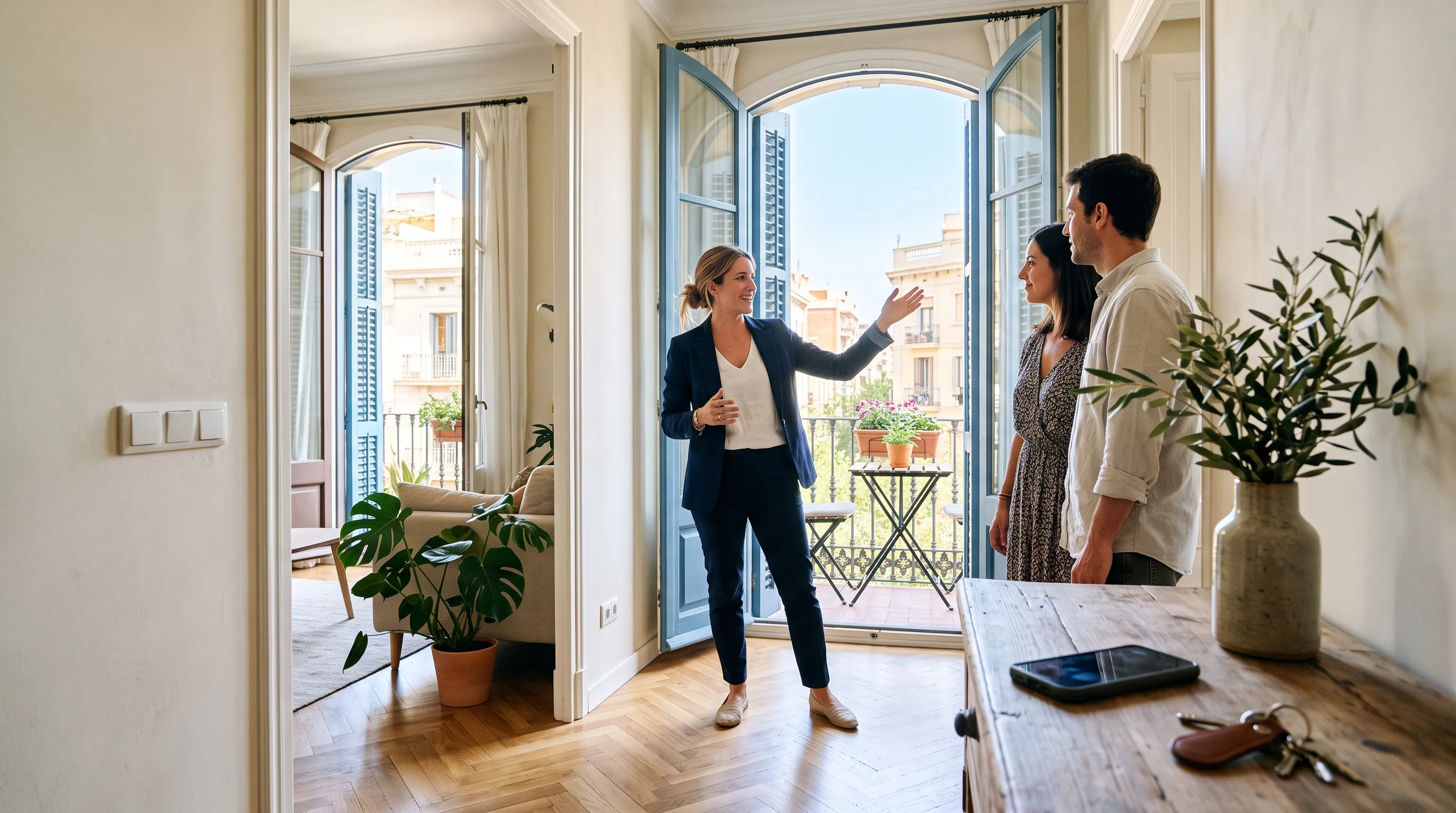 An estate agent showing an apartment to a couple while a phone rings unanswered on the table