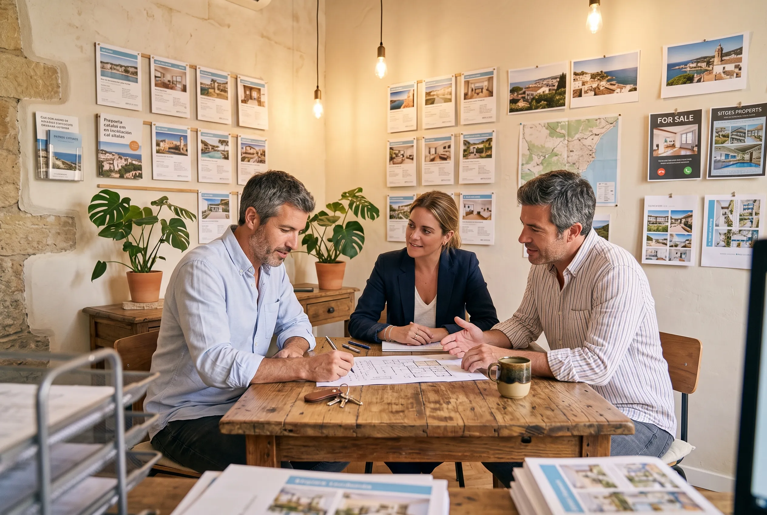 Three colleagues working through listings at a table in an agency office